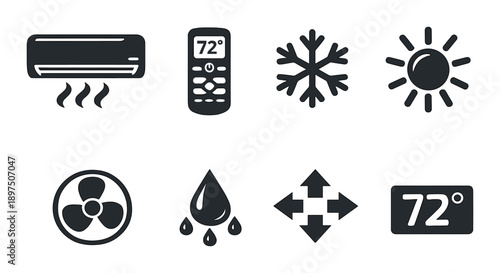 Air conditioning icons featuring remote, cooling, heating, and temperature settings