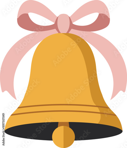 Golden wedding bell with pink ribbon bow vector illustration isolated on transparent background beautiful holiday decoration for marriage ceremony or christmas greeting