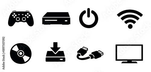 Minimalist technology icons: game controller, console, power, wi-fi, disc, download, usb, screen