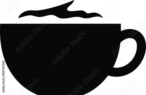 Hot coffee cup silhouette with steam clouds on top of rim for cafe identity branding or breakfast beverage shop symbol