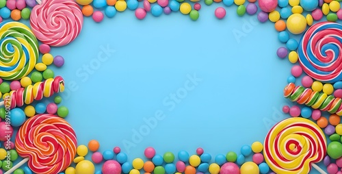 Colorful candy border with lollipops and gumballs on blue background for party decoration