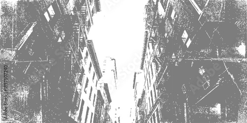 Monochrome vector illustration of city buildings viewed from a low angle, featuring a heavy grunge texture