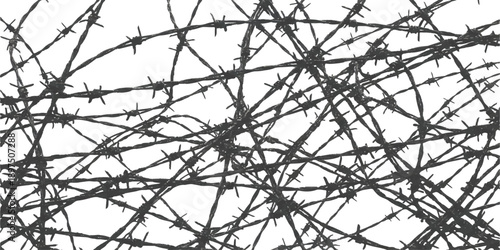 A chaotic tangle of sharp barbed wire creating a monochrome background illustration for concepts of danger and security
