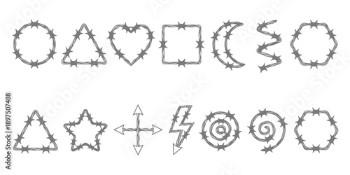 A collection of barbed wire shapes and frames, including geometric and abstract forms, presented as a black and white vector illustration set.