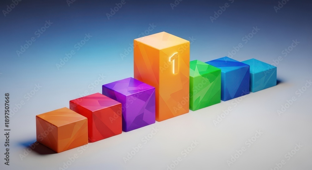 Obraz premium Geometric blocks defining the spatial arrangement of competitive ranking, highlighting the number one spot and relative status, setting, foremost, indicator