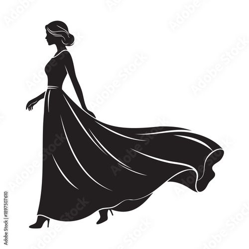 Elegant woman in long flowing evening gown walking gracefully
