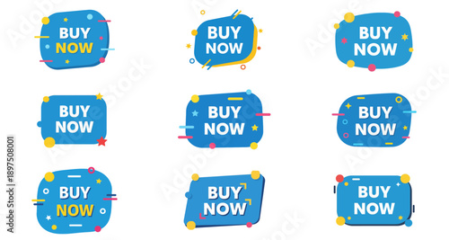 Collection of blue promotional labels with 'buy now' text for marketing and business use in vector format