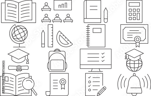 Collection of education and learning icons representing books graduation and school supplies in a clean minimalist outline style for digital and print design