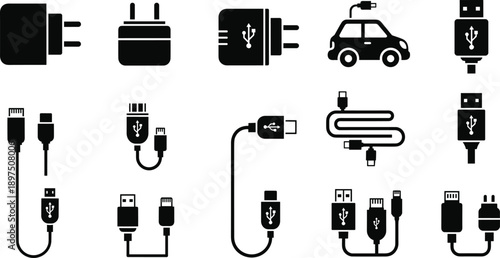 Black Icon Set of USB Chargers, Cables, and Connectors Including Wall Adapters, Car Charging, Multi-Port Cables, and Plug Symbols