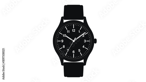 Simple black wristwatch with a circular face and leather strap
