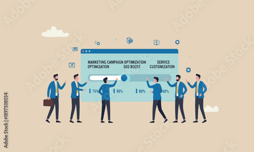 Control panel marketing campaign optimization, SEO or online service customization, application development concept, business people control slider bar interface to optimize system