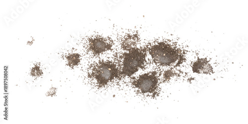 A scattering of dark brown soil particles and fine dirt isolated on a pure white background