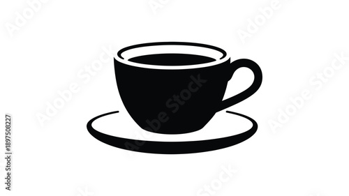 Simple black and white illustration of a coffee cup with saucer