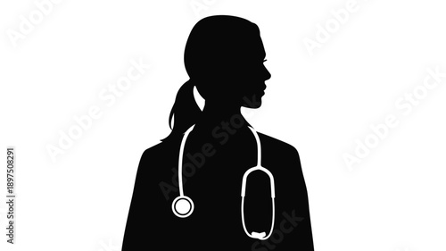 Silhouette of a female doctor with a stethoscope around her neck