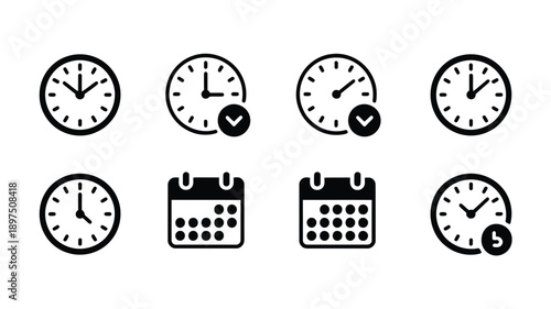 Black and white icons depicting clocks calendars and time management