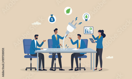  Electricity savin style illustration is modern, flat design with clean lines and minimal shading concept, man pulling electric cord to unplug to save money or for ecology power.