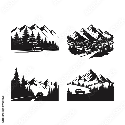 Mountain road vector set, forest landscape silhouette, car driving through pine trees, adventure travel icons, nature outdoors hiking camping badges, black and white minimalist wilderness peaks.