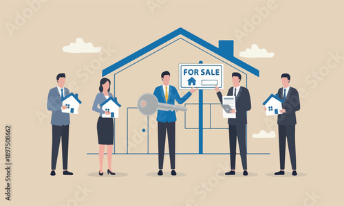 House for, fall together or property agent, rent or buy, mortgage, or purchase new house, homeowner, residential concept, businessman selling home with key and for sale sign