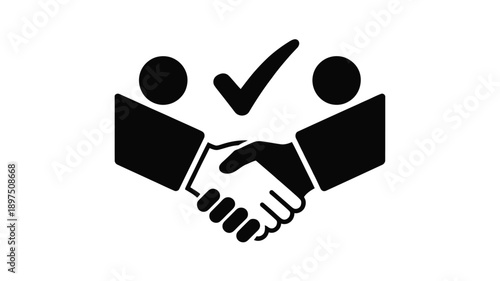 A black silhouette illustration depicting a handshake with a checkmark