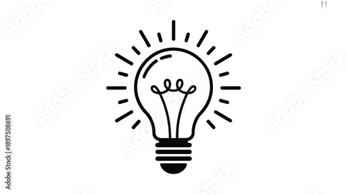 A simple black and white illustration of a glowing light bulb