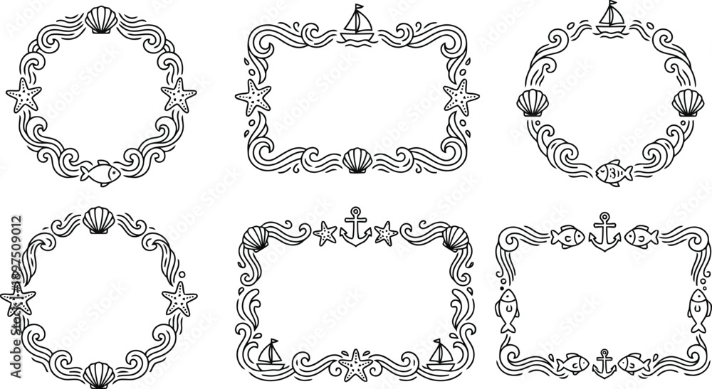 Fototapeta premium A charming collection of six decorative line art frames featuring marine elements like seashells starfish fish sailboats and anchors with wave patterns isolated on transparent backgrounds