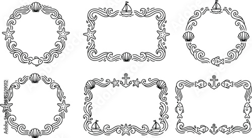 A charming collection of six decorative line art frames featuring marine elements like seashells starfish fish sailboats and anchors with wave patterns isolated on transparent backgrounds