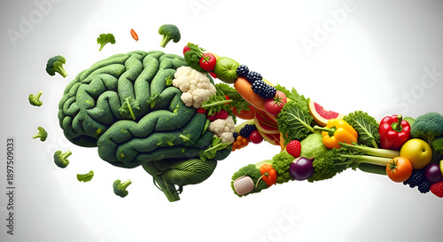 Brain made of green vegetables and colorful fruits and vegetables flying out representing healthy eating and nutrition concepts for wellness and diet
