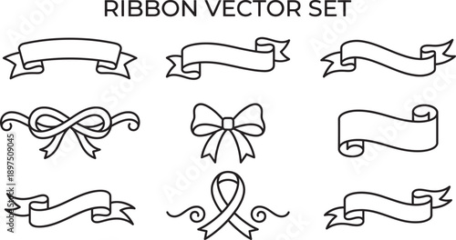 A collection of nine versatile black line art graphic design elements featuring various ribbon banners and bow shapes isolated on a transparent background
