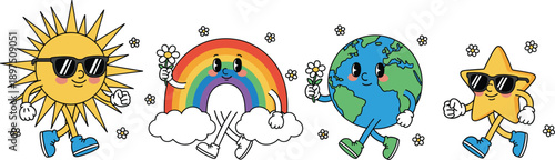 Retro Cartoon Character Set Featuring Walking Sun Rainbow Earth and Star with Cool Sunglasses and White Gloves in Vintage Rubber Hose Animation Style
