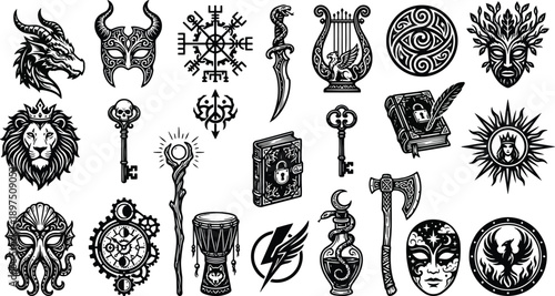 A collection of fantasy and mythological vector icons including a dragon masks keys books weapons and celestial symbols isolated on a transparent background