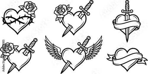 A collection of six traditional tattoostyle heart designs featuring roses thorns swords and banners isolated on a transparent background