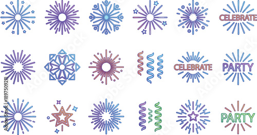 Collection of colorful abstract festive fireworks and celebratory elements isolated on transparent background for party and holiday themes