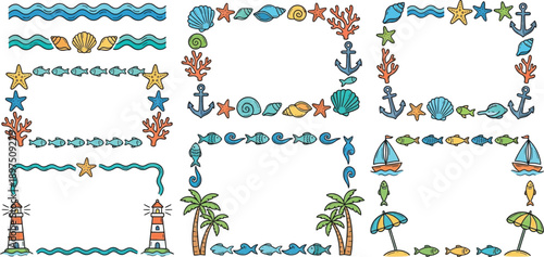 Collection of charming handdrawn nautical and beach themed decorative borders and frames with marine life elements