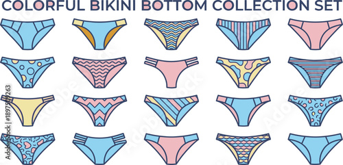 Collection of colorful patterned bikini bottoms with various designs and styles isolated on transparent background