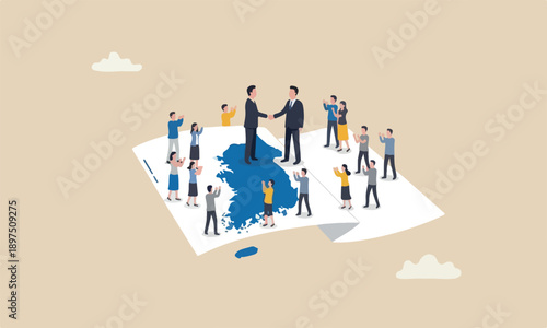 North and south korea peace, end war and denuclearization concept, miniature people country leader shake hands on Korea unification flag with other happy people admiring and clapping