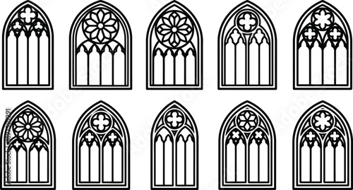 Collection of decorative gothic architectural window designs in black outline art isolated on transparent background