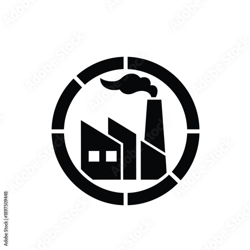 Black silhouette of industrial factory building with smoke coming out of chimney in circle frame