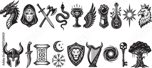Collection of fantasy and mythical vector graphic elements including dragons masks weapons mythical creatures musical instruments and ancient symbols