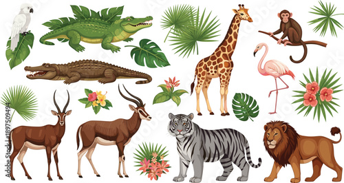 Tropical Wildlife and Jungle Animal Illustration Set Featuring Lion Tiger Giraffe Crocodile Gazelle Monkey Flamingo and Exotic Floral Elements