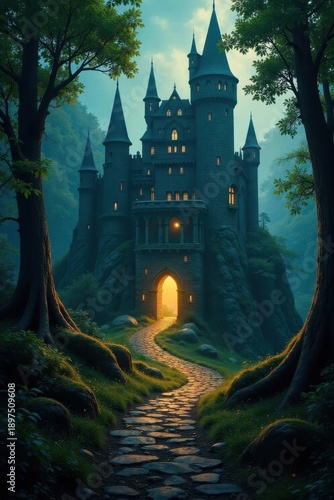 Ancient stone castle, glowing runes, enchanted forest, mystical, fantasy