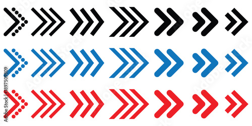 A comprehensive set of modern right direction arrows in three vibrant colors