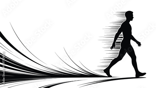 Silhouette of a man walking with dynamic speed lines in black and white