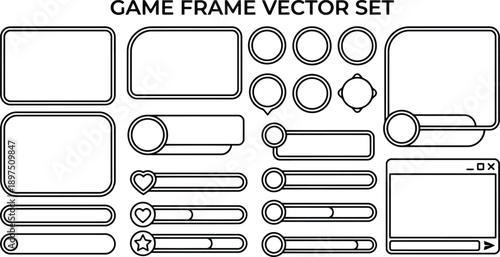 Collection of outlined game interface frames and elements including rectangles circles and progress bars with shapes isolated on transparent background