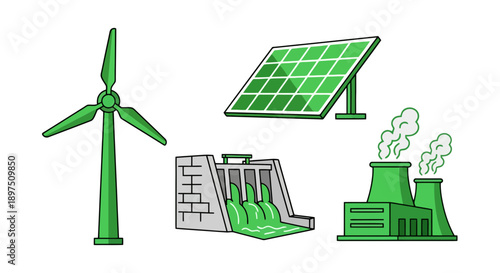 Energy generation sources vector illustration set. Renewable power icons like wind turbine, solar panel, and hydroelectric dam contrasted with industrial fossil fuel power plant emitting smoke.
