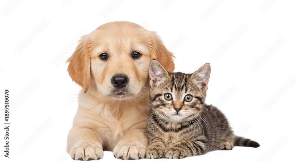 Fototapeta premium A golden retriever puppy and a tabby kitten sit side by side, looking forward.