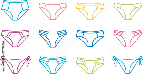 Collection of stylized linear vector icons depicting various styles of womens underwear and bikini bottoms in different bright colors