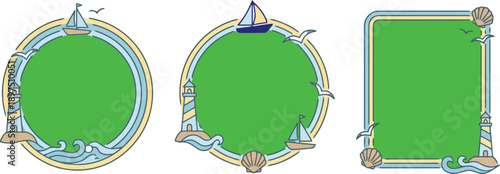 Collection of three nautical themed decorative frames with lighthouses sailboats seashells and seagulls isolated on transparent background