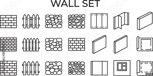 Diverse Collection of Architectural Wall Elements and Building Materials Illustrated as Vector Icons for Design Projects