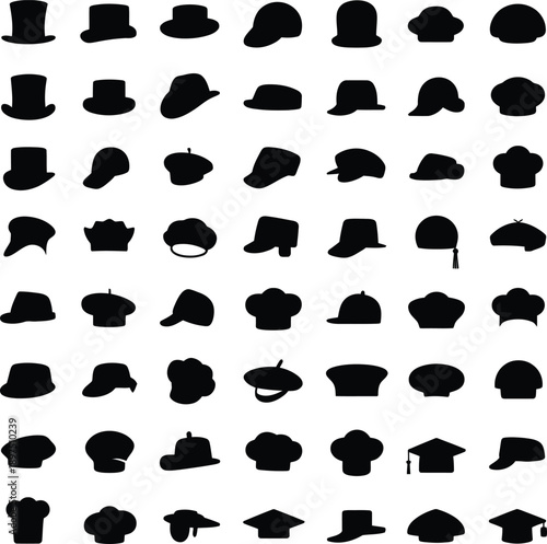 A comprehensive collection of various headwear silhouettes arranged in a grid pattern