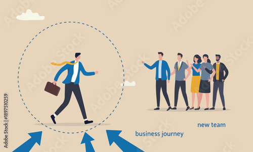 Step out of, meeting teams together your own way or manage to exit from routine job to start new business journey concept, brave businessman step out of comfort circle for new success.
